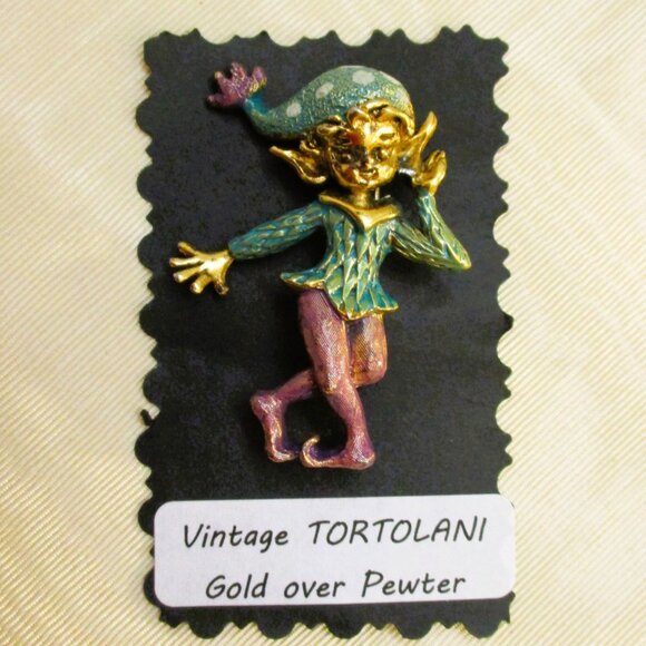 TORTOLANI 24KGP Enamel Pixie Elf Brooch~ DESIGNER Teal Plum Gold Figural Elf Pin - Picture 1 of 14